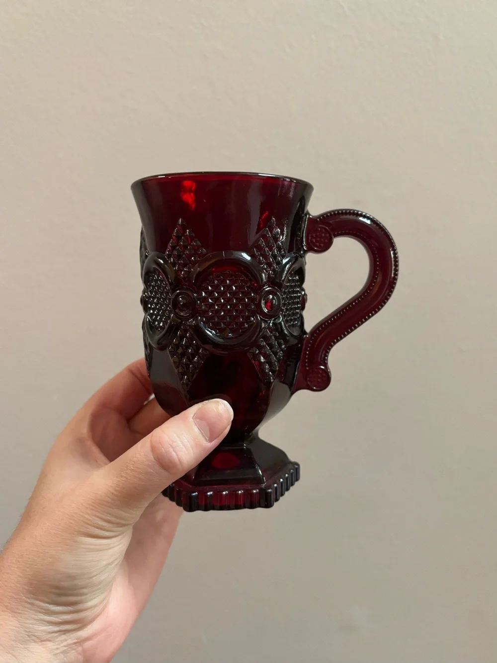 Set of 6 Vintage Ruby Red Avon Cape Cod 1976 Embossed Pedestal Glass Mugs